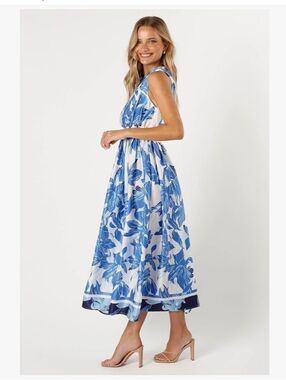 Blue and White Floral One-Shoulder Midi Dress By Petals And Pup Size Medium